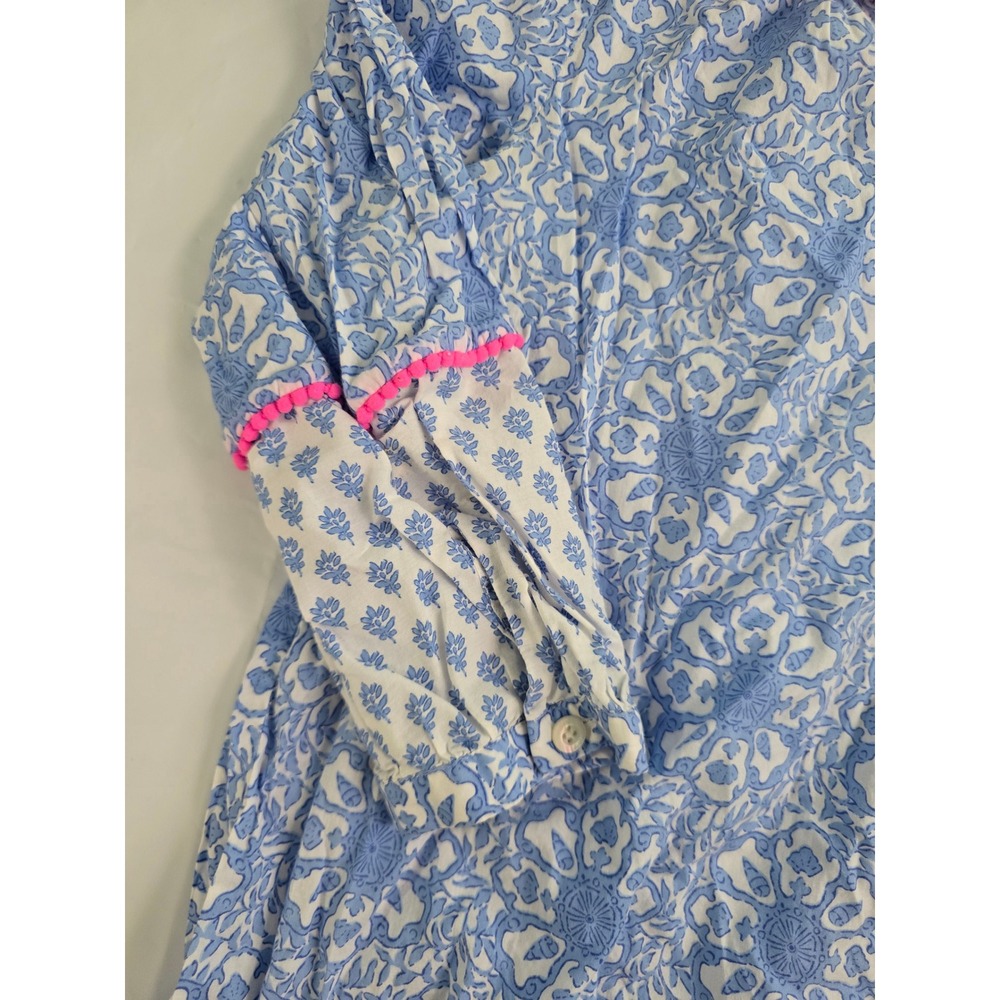 Vineyard Vines Blue White Block Print Pom Pom Trim Blouse Top XS 2K001306 - Picture 7 of 15
